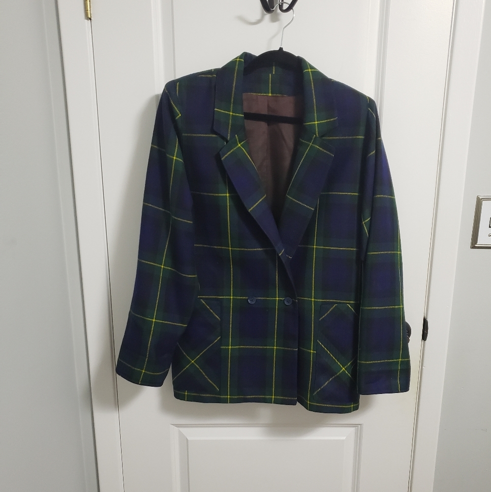 VINTAGE GAYTOWN 100% Wool Green Plaid Blazer Jacket